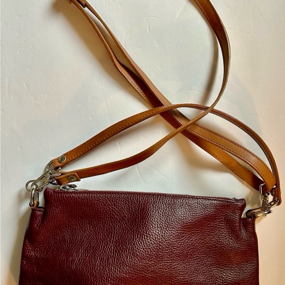Valentina Women's Burgundy Leather Crossbody Bag with Tan Strap - Picture 3 of 10